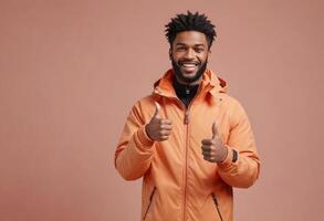 AI Generated A man in an orange winter jacket gives a cheerful thumbs up. photo