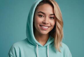 AI Generated A cheerful young woman beams in a teal hoodie, her demeanor upbeat. photo