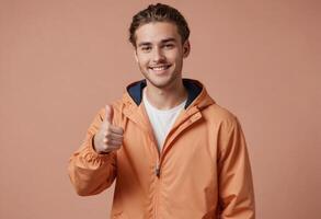 ai generado un contento hombre en un naranja chaqueta demostración un pulgares arriba firmar, su sonrisa atractivo. foto