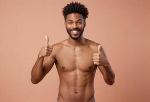 AI Generated A shirtless man with a bright smile gives double thumbs up, exuding confidence. photo