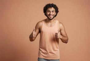 AI Generated A friendly man in a peach tank top gives two thumbs up with a welcoming smile. photo