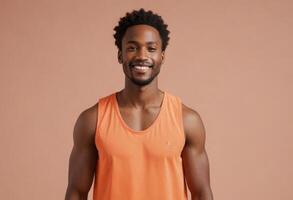 AI Generated A fit man in an orange tank top, smiling and looking relaxed. photo