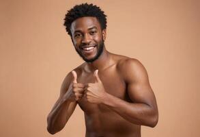 AI Generated A shirtless man with a bright smile making a thumbs up gesture. photo