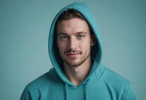 AI Generated A man in a teal hoodie with a contemplative look on his face. photo