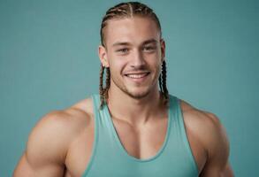 AI Generated An athletic man with braided hair smiling in a tank top, showing a relaxed attitude. photo