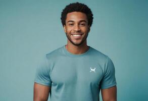 AI Generated A happy man wearing a teal t-shirt with a broad, welcoming smile. photo