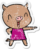 distressed sticker of a happy cartoon pig in dress png