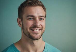 AI Generated A man in a teal t-shirt exhibits a friendly smile and relaxed posture. photo