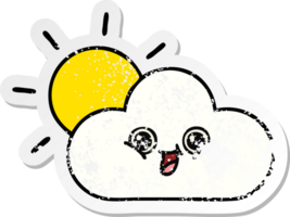 distressed sticker of a cute cartoon cloud and sunshine png