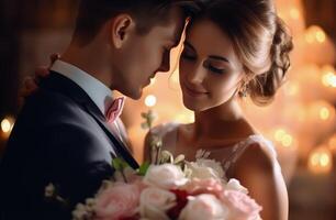 ai generado Pareja con un Boda ramo de flores en frente de luces foto