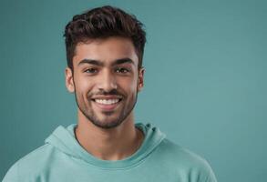 AI Generated A joyful man with stylish hair and beard, wearing a teal hoodie, radiates positivity. photo