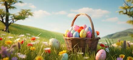 AI generated a basket full of colorful easter eggs are on a grassy meadow photo