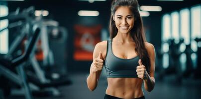 AI generated young fitness woman showing thumbs up showing thumbs up at gym photo