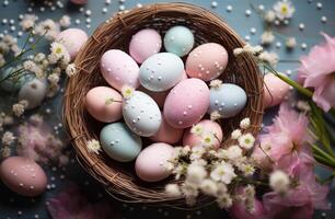 AI generated basket filled with colored Easter eggs, flower bulbs, and daffodils, creating a festive photo