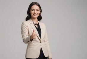 AI Generated A professional woman in a beige blazer gives a thumbs up, symbolizing success and approval. photo