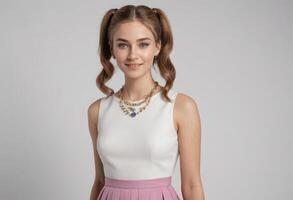 AI Generated A young woman with a gentle smile poses in a white top and pink skirt, complemented by a pearl necklace. photo