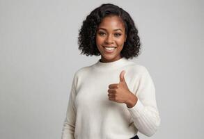 AI Generated A radiant woman smiles and gives a thumbs up, dressed casually in a white sweater. photo