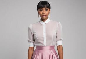 AI Generated An elegant woman in a white shirt and pastel pink skirt poses gracefully, her look is classic and timeless. photo