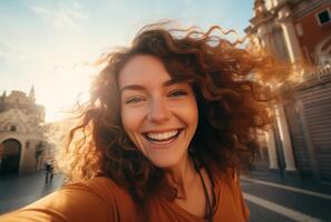 ai generado mujer sonriente y tomando selfie foto