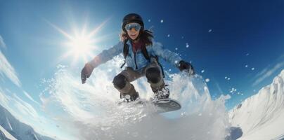 ai generado mujer montando tabla de snowboard con 360 la licenciatura rotación paning foto