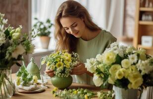 AI generated woman decorating with flowers on a dining table photo