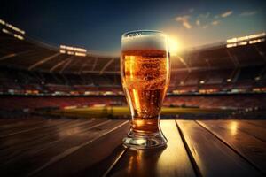 AI generated a beer glass and field are on a table in front of a stadium photo