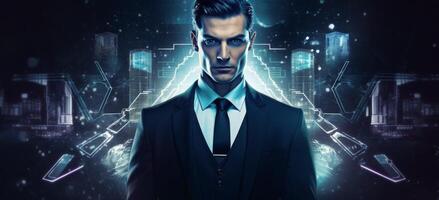 AI generated Futuristic Businessman with Digital Interface Background photo