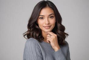 AI Generated A graceful woman with a gentle smile poses in a cozy grey sweater, conveying warmth and comfort. photo