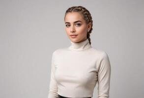 AI Generated A sophisticated woman in a cream turtleneck sweater poses with her hair styled in braids, radiating a mix of classic and modern elegance. photo