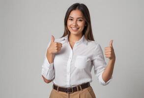 AI Generated A young Asian woman in a white shirt and beige pants gives a double thumbs up, with a toothy smile and eyes full of energy. photo