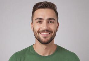 ai generado un hombre en un verde camiseta sonriente a el cámara, su Mira es casual y amigable. foto