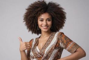 AI Generated A young woman with curly hair beams with joy, giving a thumbs up in a bold, patterned top, showcasing her vibrant personality. photo