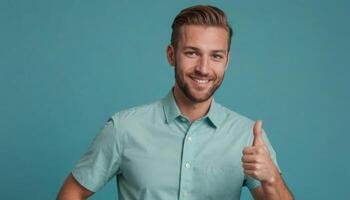 AI Generated A man in a mint shirt giving a thumbs up, his confident smile suggests approval and positivity. photo