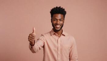 AI Generated A young man with an afro hairstyle smiles warmly and shows a thumb up gesture in front of a coral backdrop. He wears a casual button-up shirt. photo