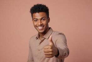 AI Generated A young adult male with a bright smile gives a thumbs up to the camera. He's wearing a casual button-up shirt with a coral background. photo