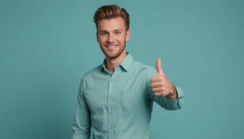AI Generated A man with a stylish hairstyle giving a thumbs up, his pleasant demeanor and smile communicate a positive vibe. photo