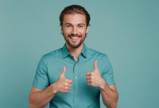 AI Generated A bearded man with a wide smile and double thumbs up wearing a teal shirt in front of a matching background. photo