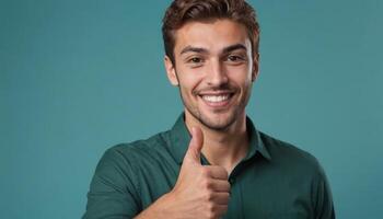 AI Generated An enthusiastic young man with a stubble beard and a thumbs up gesture smiles in a green shirt, with a matching background. photo