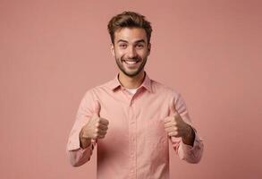 AI Generated A young adult man with a stubble beard joyfully gives double thumbs up, wearing a salmon shirt against a coral background. photo