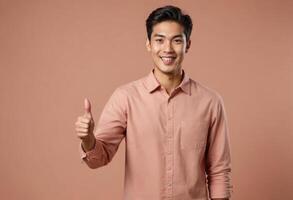 AI Generated A young man in a salmon pink shirt gives a thumbs up, his confident smile speaks of optimism. photo
