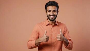AI Generated A man in an orange shirt gives a double thumbs up with a broad smile, exuding friendliness and positivity. photo