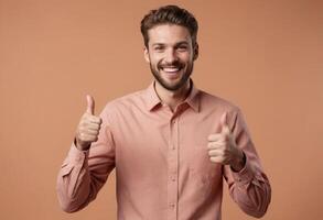 AI Generated An enthusiastic young man with a beard and a bright smile gives a thumbs up. He is wearing a casual button-up shirt with a coral background. photo