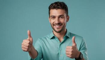 AI Generated A happy young man with styled hair gives a thumbs up, signaling approval in a teal shirt, with a matching background. photo