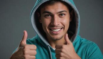 AI Generated A smiling man in a teal hoodie gives a thumbs up, his expression friendly and engaging against a dark background. photo