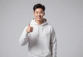 AI Generated A casual young Asian man in a white hoodie gives a thumbs up, his relaxed expression set against a grey background. photo