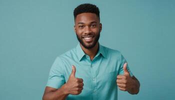 ai generado un alegre hombre en un verde azulado camisa da un pulgares arriba, su sonrisa calentar y acogedor en contra un verde azulado fondo. foto