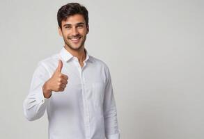 ai generado un alegre hombre con un brillante sonrisa da un pulgares arriba, vistiendo un blanco abotonarse camisa para un limpio, profesional mirar. foto