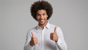 AI Generated A man with curly hair smiles and gives a thumbs up in a white button-down shirt, expressing a joyful demeanor. photo