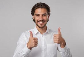 AI Generated A charismatic man with a beard gives a double thumbs up, wearing a crisp white shirt, indicating professional confidence. photo