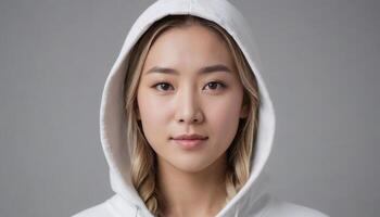 AI Generated A serene woman in a white hoodie, her gaze direct and engaging against a soft background. photo